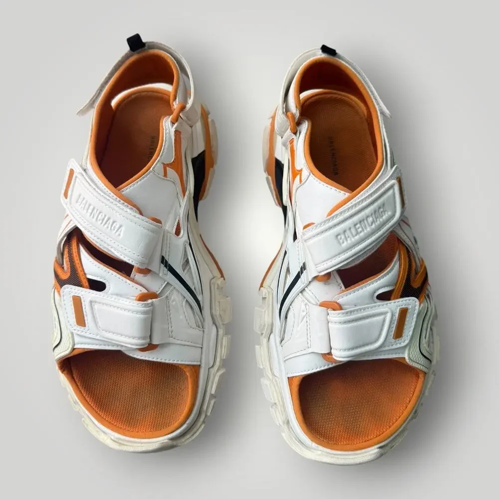 Balenciaga Men's Sport Sandals White/Orange Leather Hook & Loop Logo Sz 8